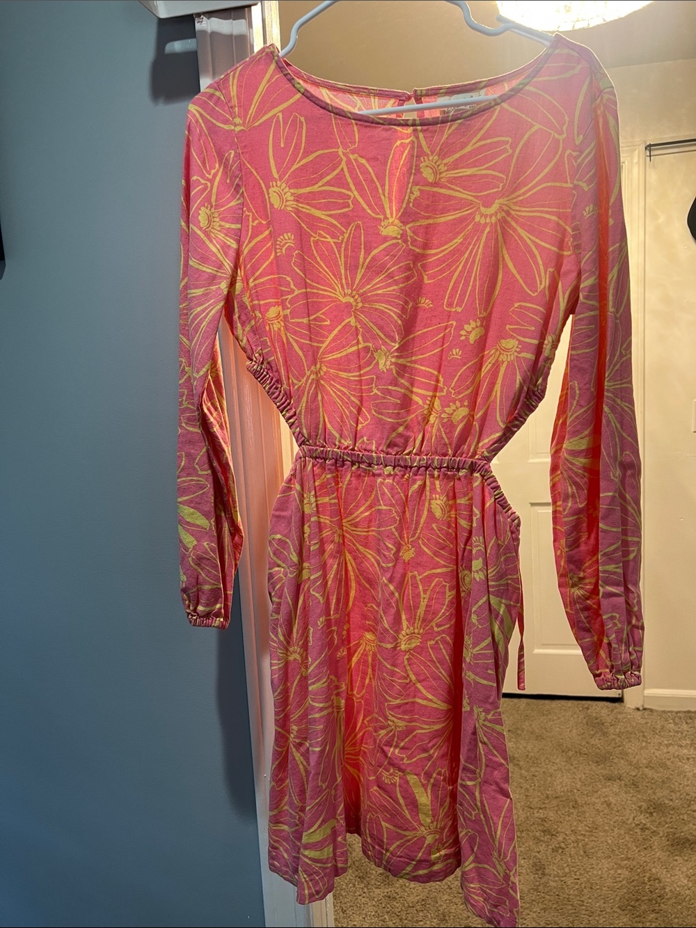 Universal Thread Pink and Yellow Floral Long-Sleeve Elastic Waist Dress